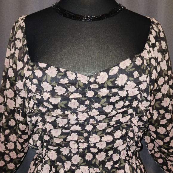 American Eagle Floral Ruched Peplum Babydoll Top Blouse XL Black Pink - Picture 3 of 7